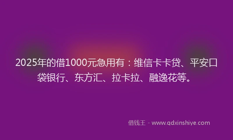 2025年的借1000元急用有：维信卡卡贷、平安口袋银行、东方汇、拉卡拉、融逸花等。