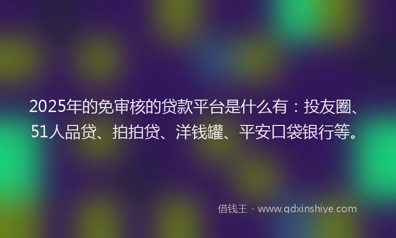 2025年的免审核的贷款平台是什么有：投友圈、51人品贷、拍拍贷、洋钱罐、平安口袋银行等。