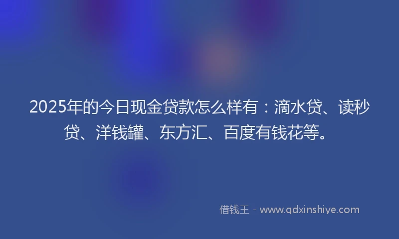 2025年的今日现金贷款怎么样有：滴水贷、读秒贷、洋钱罐、东方汇、百度有钱花等。