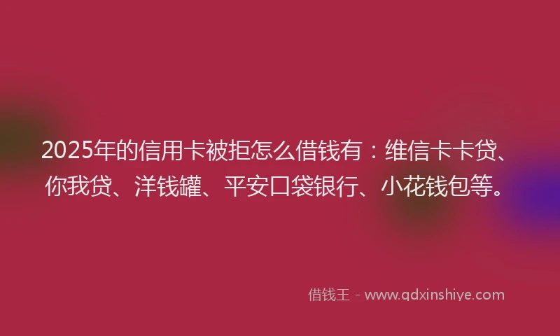 2025年的信用卡被拒怎么借钱有：维信卡卡贷、你我贷、洋钱罐、平安口袋银行、小花钱包等。