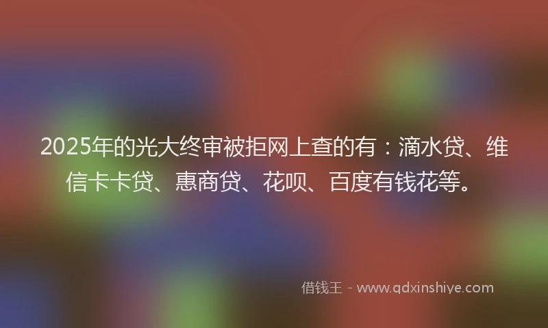 2025年的光大终审被拒网上查的有：滴水贷、维信卡卡贷、惠商贷、花呗、百度有钱花等。