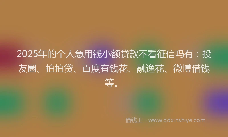 2025年的个人急用钱小额贷款不看征信吗有：投友圈、拍拍贷、百度有钱花、融逸花、微博借钱等。