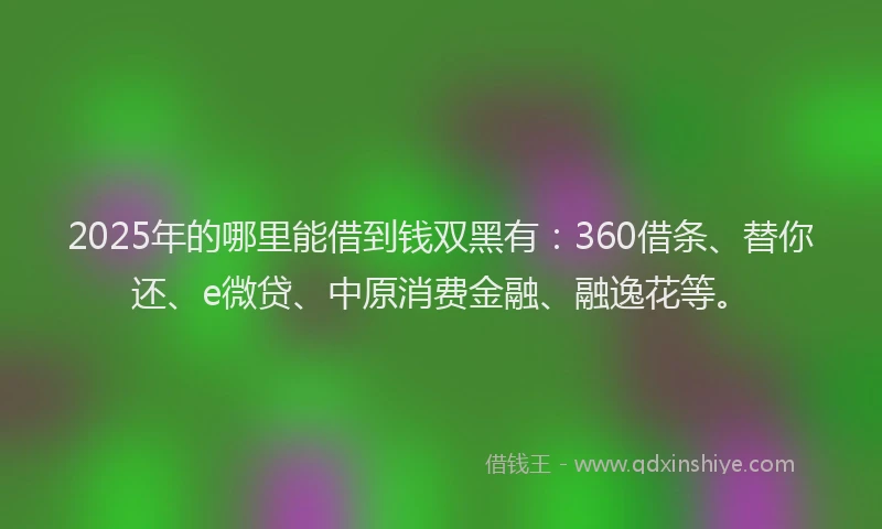 2025年的哪里能借到钱双黑有：360借条、替你还、e微贷、中原消费金融、融逸花等。