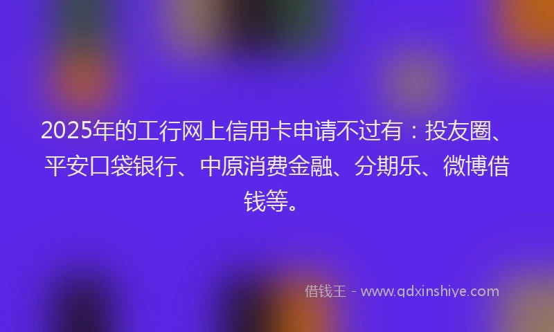 2025年的工行网上信用卡申请不过有：投友圈、平安口袋银行、中原消费金融、分期乐、微博借钱等。