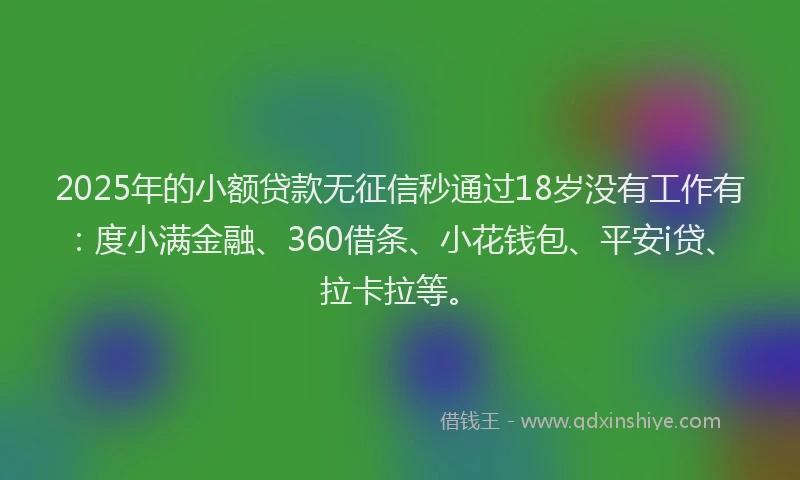 2025年的小额贷款无征信秒通过18岁没有工作有：度小满金融、360借条、小花钱包、平安i贷、拉卡拉等。