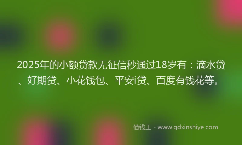 2025年的小额贷款无征信秒通过18岁有：滴水贷、好期贷、小花钱包、平安i贷、百度有钱花等。
