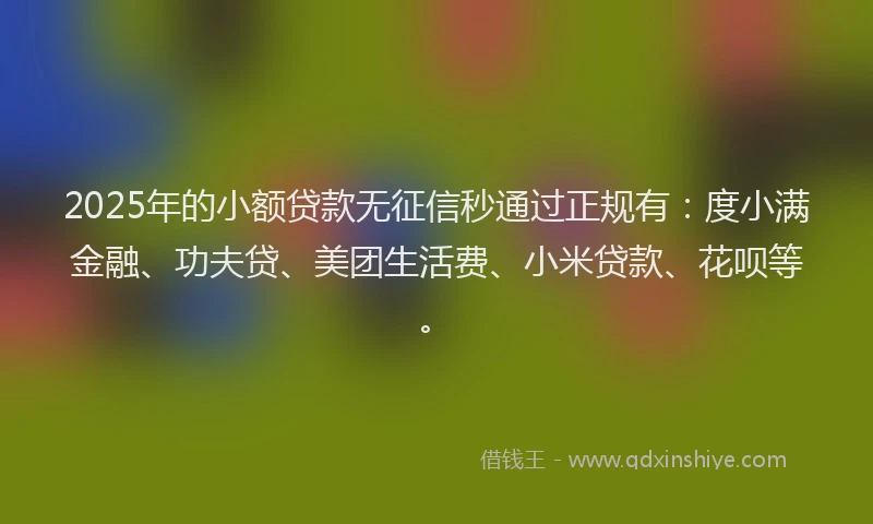 2025年的小额贷款无征信秒通过正规有：度小满金融、功夫贷、美团生活费、小米贷款、花呗等。