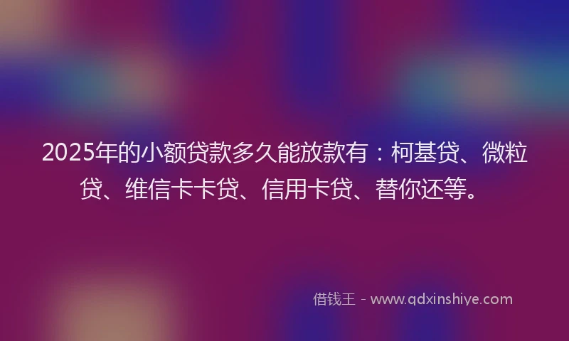 2025年的小额贷款多久能放款有：柯基贷、微粒贷、维信卡卡贷、信用卡贷、替你还等。