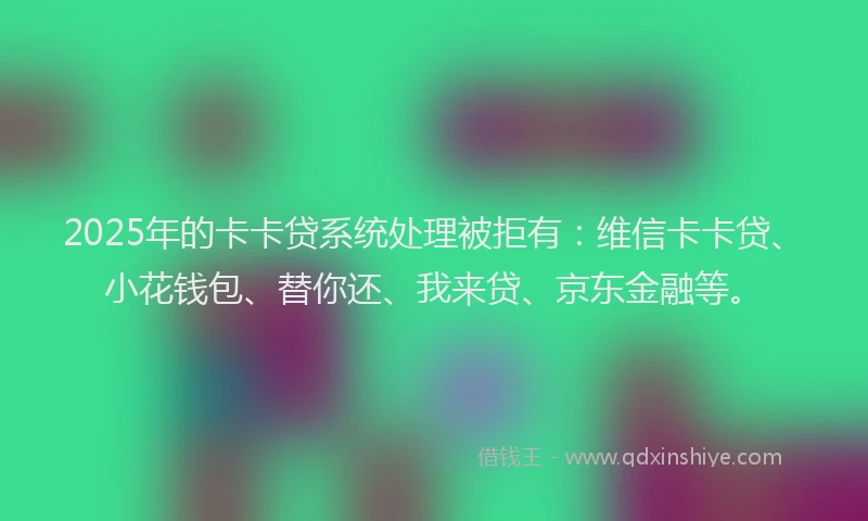 2025年的卡卡贷系统处理被拒有：维信卡卡贷、小花钱包、替你还、我来贷、京东金融等。