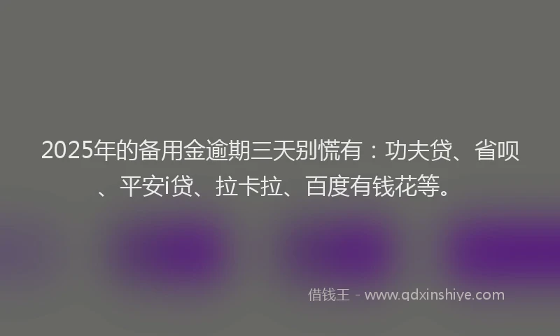2025年的备用金逾期三天别慌有：功夫贷、省呗、平安i贷、拉卡拉、百度有钱花等。