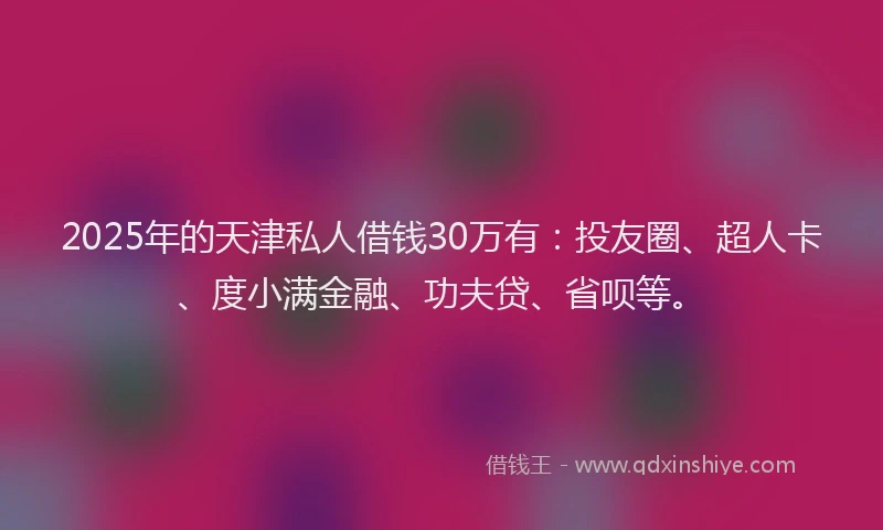 2025年的天津私人借钱30万有：投友圈、超人卡、度小满金融、功夫贷、省呗等。