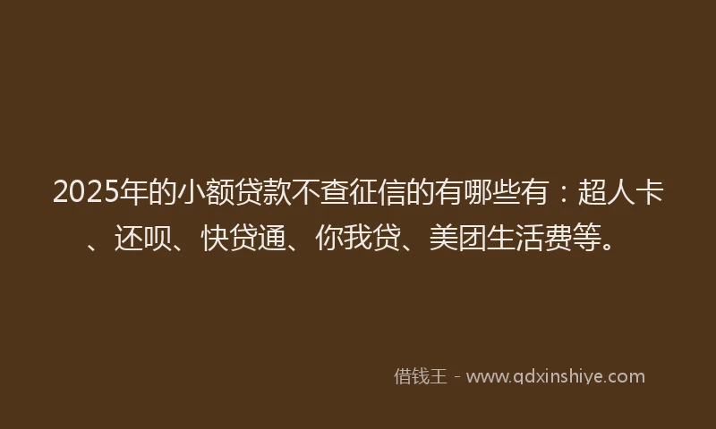 2025年的小额贷款不查征信的有哪些有：超人卡、还呗、快贷通、你我贷、美团生活费等。