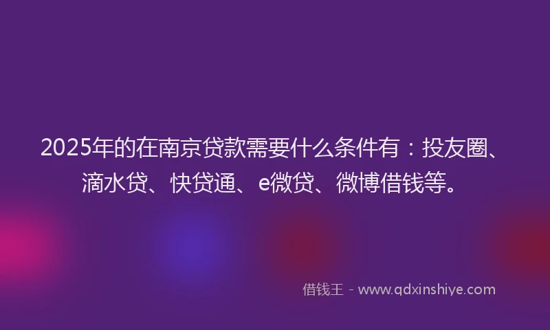 2025年的在南京贷款需要什么条件有：投友圈、滴水贷、快贷通、e微贷、微博借钱等。