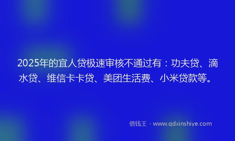2025年的宜人贷极速审核不通过有：功夫贷、滴水贷、维信卡卡贷、美团生活费、小米贷款等。