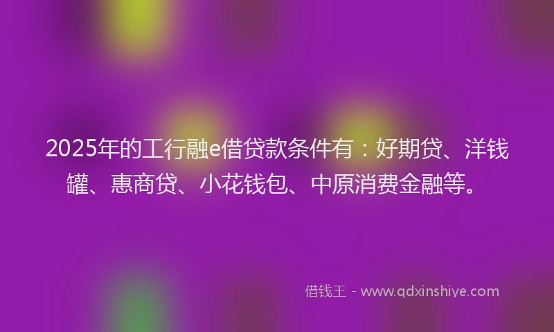 2025年的工行融e借贷款条件有：好期贷、洋钱罐、惠商贷、小花钱包、中原消费金融等。
