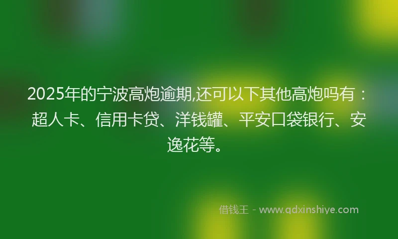 2025年的宁波高炮逾期,还可以下其他高炮吗有：超人卡、信用卡贷、洋钱罐、平安口袋银行、安逸花等。
