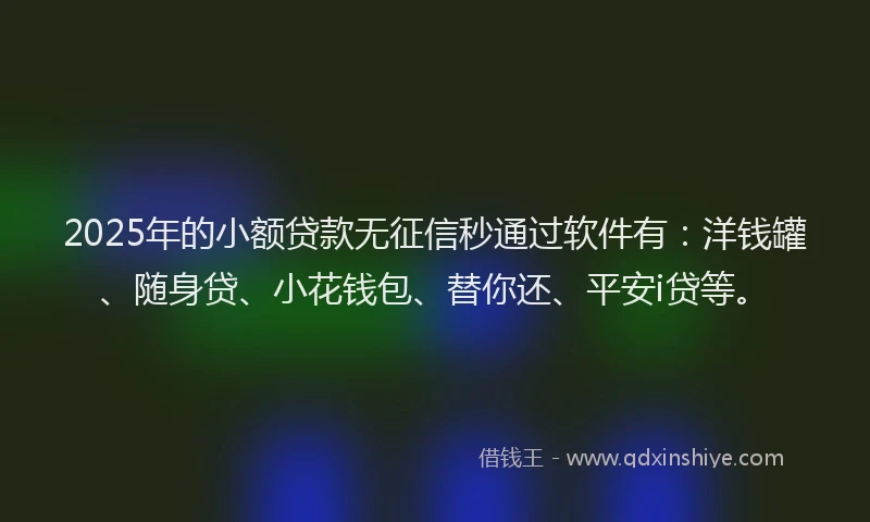2025年的小额贷款无征信秒通过软件有：洋钱罐、随身贷、小花钱包、替你还、平安i贷等。