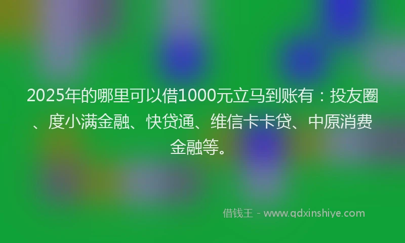 2025年的哪里可以借1000元立马到账有：投友圈、度小满金融、快贷通、维信卡卡贷、中原消费金融等。