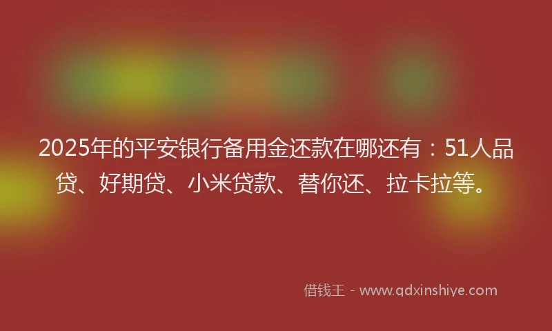2025年的平安银行备用金还款在哪还有：51人品贷、好期贷、小米贷款、替你还、拉卡拉等。