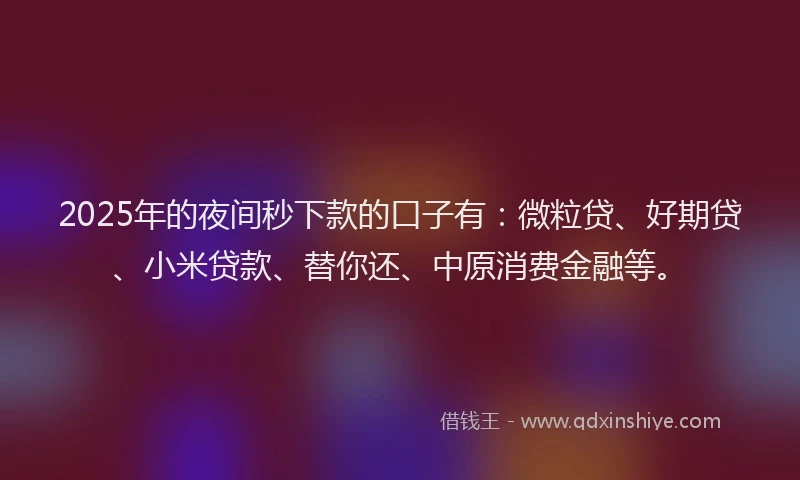 2025年的夜间秒下款的口子有：微粒贷、好期贷、小米贷款、替你还、中原消费金融等。