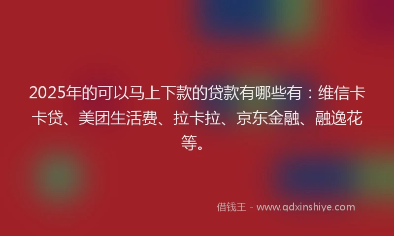 2025年的可以马上下款的贷款有哪些有：维信卡卡贷、美团生活费、拉卡拉、京东金融、融逸花等。