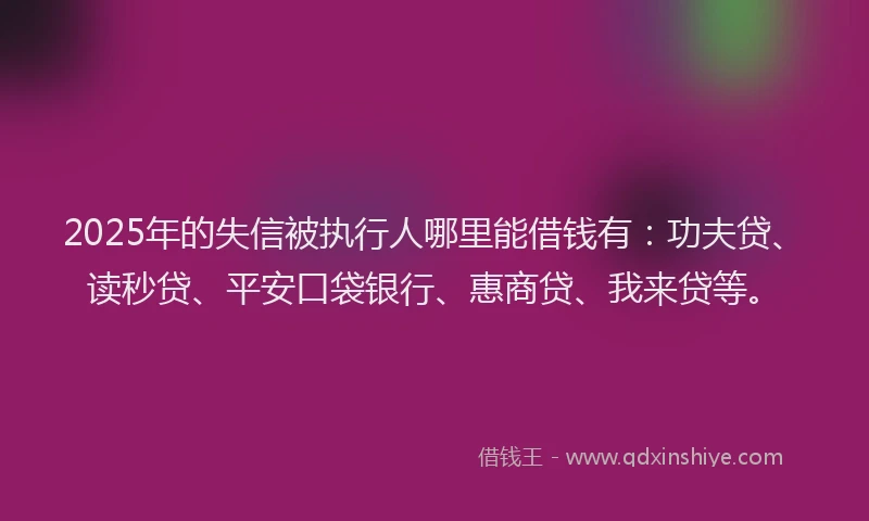 2025年的失信被执行人哪里能借钱有：功夫贷、读秒贷、平安口袋银行、惠商贷、我来贷等。