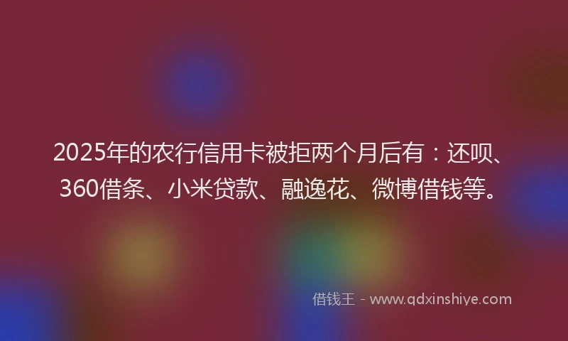 2025年的农行信用卡被拒两个月后有：还呗、360借条、小米贷款、融逸花、微博借钱等。