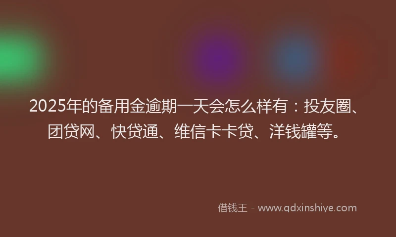 2025年的备用金逾期一天会怎么样有：投友圈、团贷网、快贷通、维信卡卡贷、洋钱罐等。