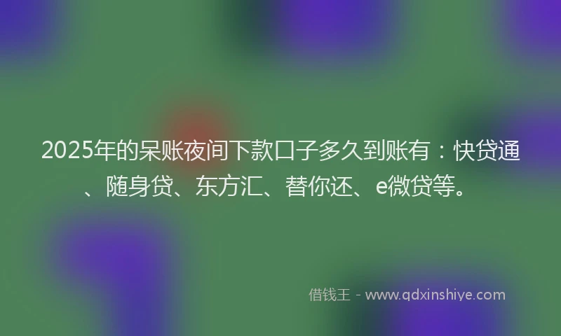 2025年的呆账夜间下款口子多久到账有：快贷通、随身贷、东方汇、替你还、e微贷等。