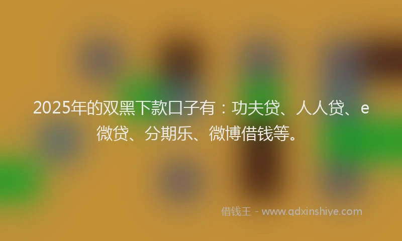 2025年的双黑下款口子有：功夫贷、人人贷、e微贷、分期乐、微博借钱等。