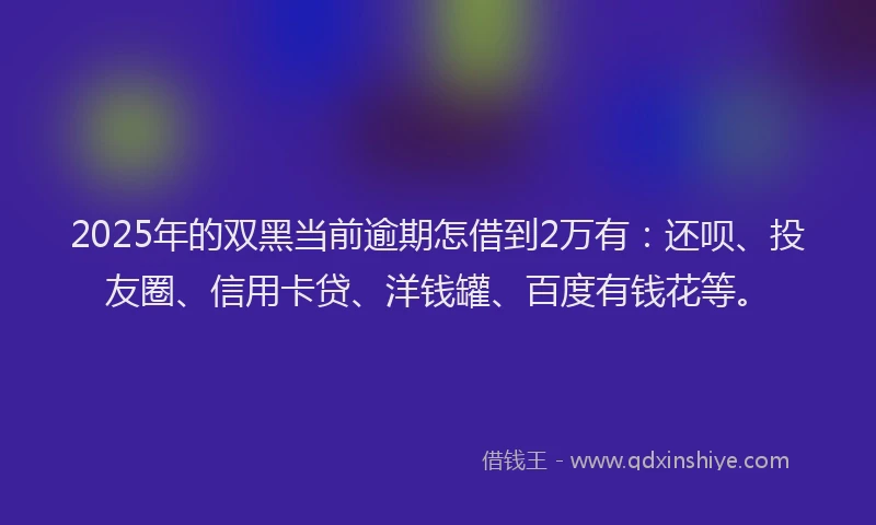 2025年的双黑当前逾期怎借到2万有：还呗、投友圈、信用卡贷、洋钱罐、百度有钱花等。
