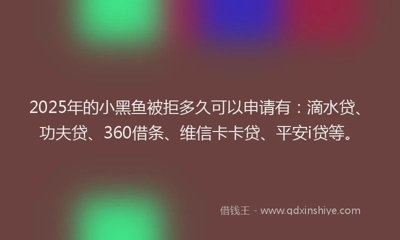 2025年的小黑鱼被拒多久可以申请有：滴水贷、功夫贷、360借条、维信卡卡贷、平安i贷等。