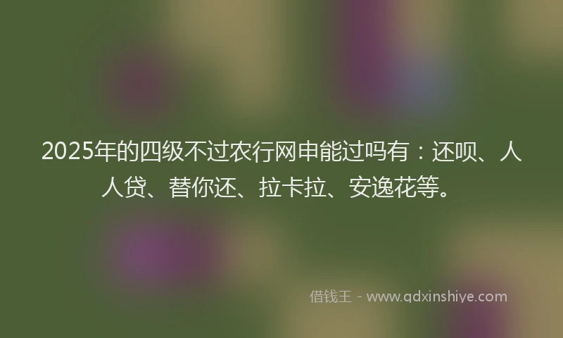 2025年的四级不过农行网申能过吗有：还呗、人人贷、替你还、拉卡拉、安逸花等。