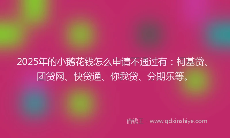 2025年的小鹅花钱怎么申请不通过有：柯基贷、团贷网、快贷通、你我贷、分期乐等。