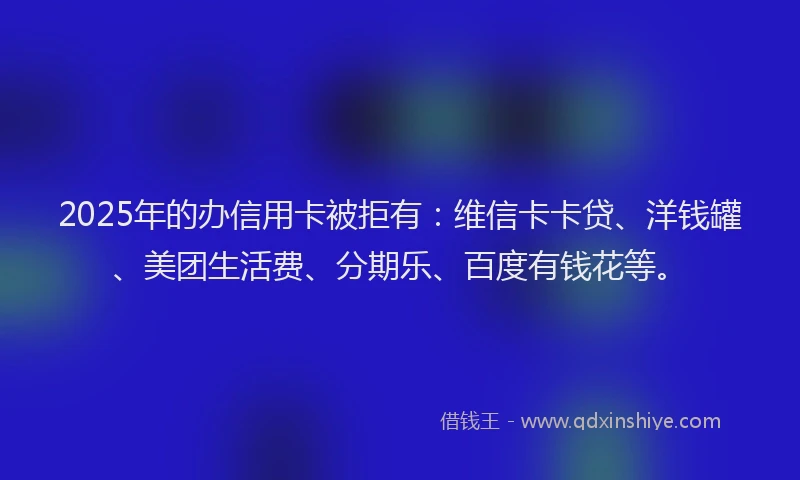 2025年的办信用卡被拒有：维信卡卡贷、洋钱罐、美团生活费、分期乐、百度有钱花等。