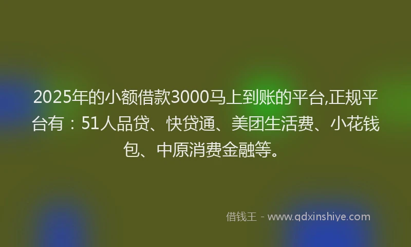 2025年的小额借款3000马上到账的平台,正规平台有：51人品贷、快贷通、美团生活费、小花钱包、中原消费金融等。
