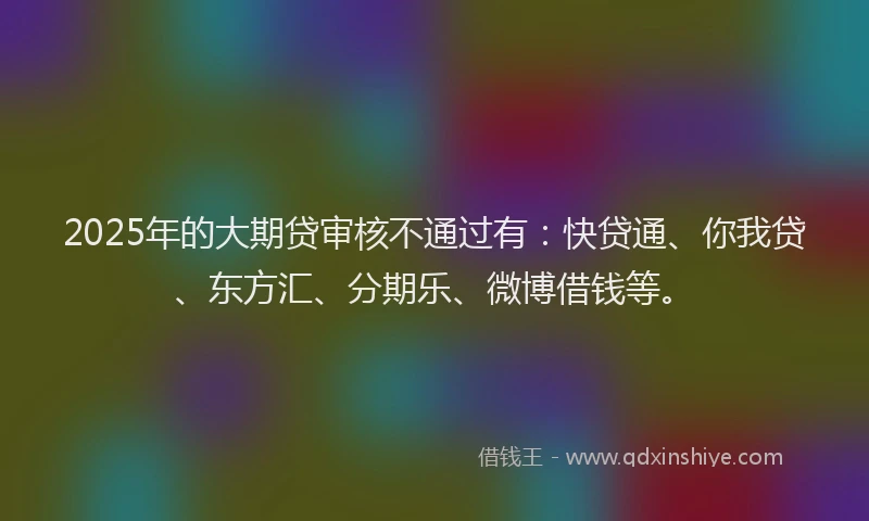 2025年的大期贷审核不通过有：快贷通、你我贷、东方汇、分期乐、微博借钱等。