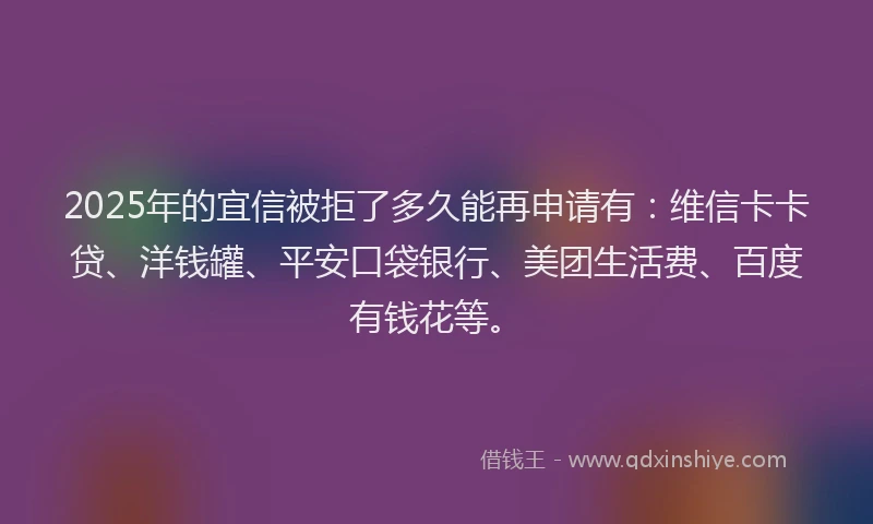 2025年的宜信被拒了多久能再申请有：维信卡卡贷、洋钱罐、平安口袋银行、美团生活费、百度有钱花等。
