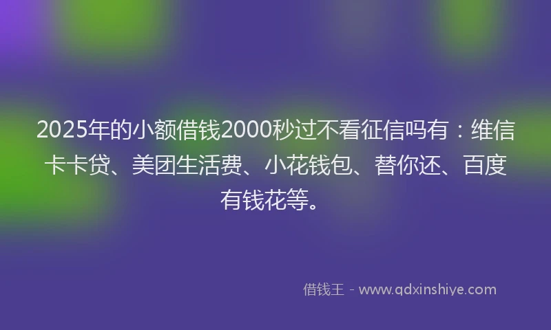 2025年的小额借钱2000秒过不看征信吗有：维信卡卡贷、美团生活费、小花钱包、替你还、百度有钱花等。