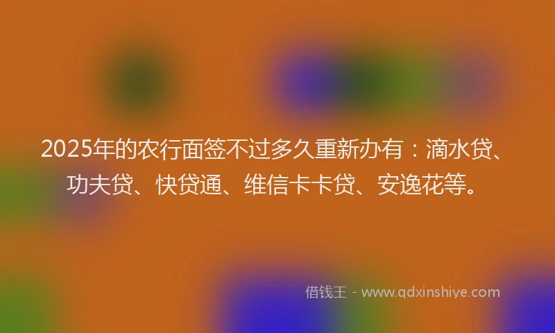 2025年的农行面签不过多久重新办有：滴水贷、功夫贷、快贷通、维信卡卡贷、安逸花等。