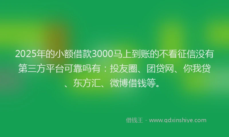 2025年的小额借款3000马上到账的不看征信没有第三方平台可靠吗有：投友圈、团贷网、你我贷、东方汇、微博借钱等。