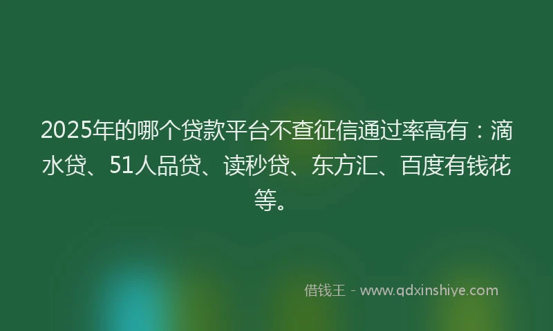2025年的哪个贷款平台不查征信通过率高有：滴水贷、51人品贷、读秒贷、东方汇、百度有钱花等。