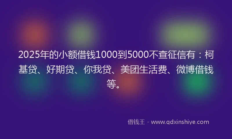 2025年的小额借钱1000到5000不查征信有：柯基贷、好期贷、你我贷、美团生活费、微博借钱等。