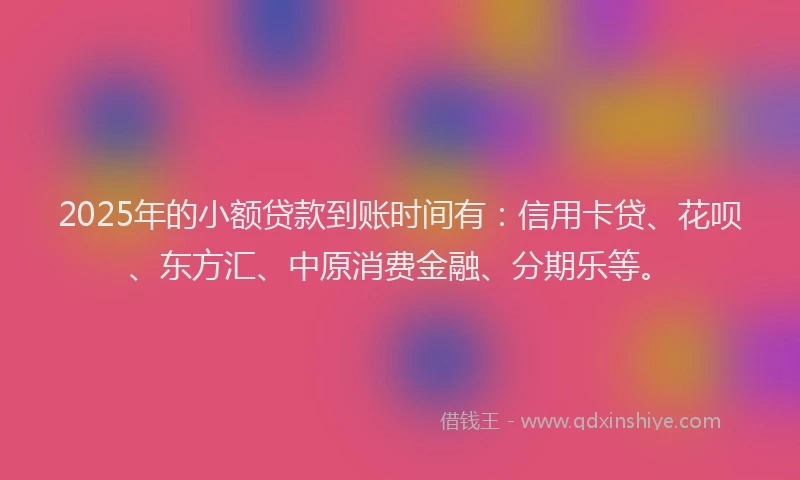 2025年的小额贷款到账时间有：信用卡贷、花呗、东方汇、中原消费金融、分期乐等。