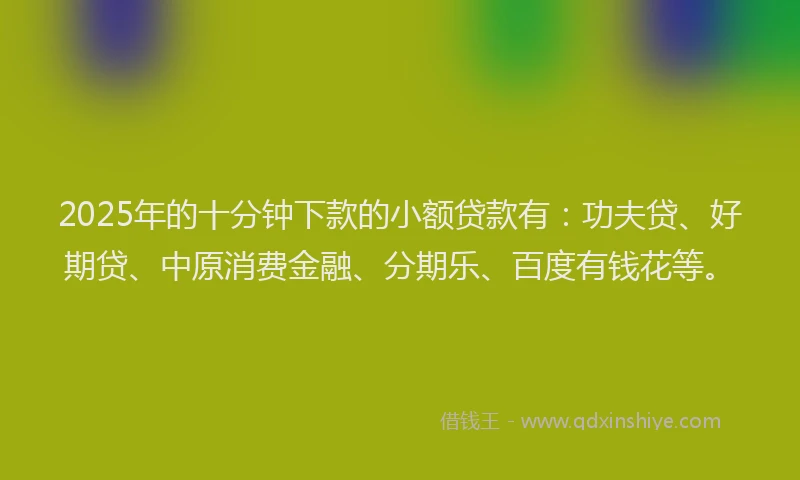 2025年的十分钟下款的小额贷款有：功夫贷、好期贷、中原消费金融、分期乐、百度有钱花等。
