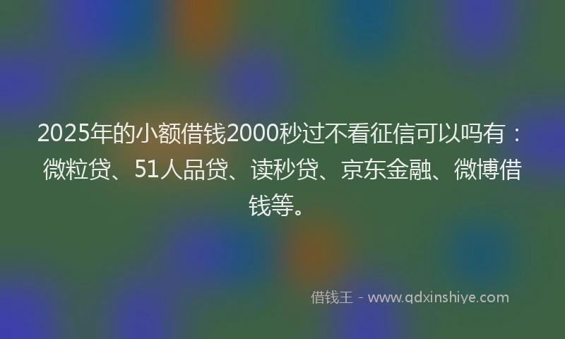 2025年的小额借钱2000秒过不看征信可以吗有：微粒贷、51人品贷、读秒贷、京东金融、微博借钱等。