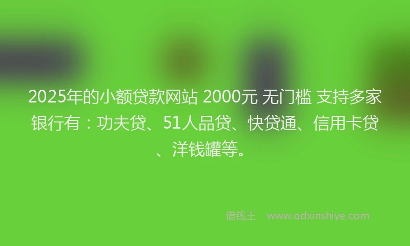 2025年的小额贷款网站 2000元 无门槛 支持多家银行有：功夫贷、51人品贷、快贷通、信用卡贷、洋钱罐等。