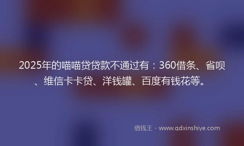 2025年的喵喵贷贷款不通过有：360借条、省呗、维信卡卡贷、洋钱罐、百度有钱花等。