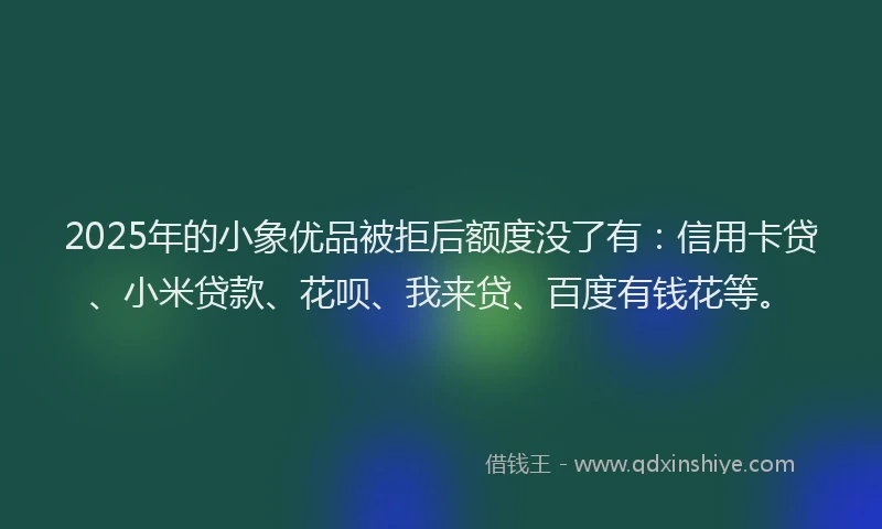 2025年的小象优品被拒后额度没了有：信用卡贷、小米贷款、花呗、我来贷、百度有钱花等。