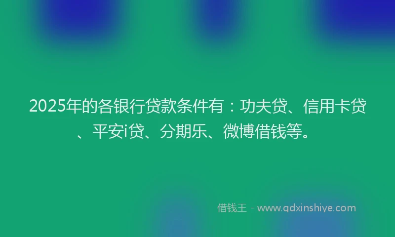 2025年的各银行贷款条件有：功夫贷、信用卡贷、平安i贷、分期乐、微博借钱等。